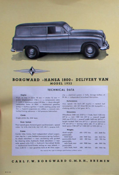 Borgwared Hansa 1800 Delivery Van Modellprogramm 1953 Automobilprospekt (10073)